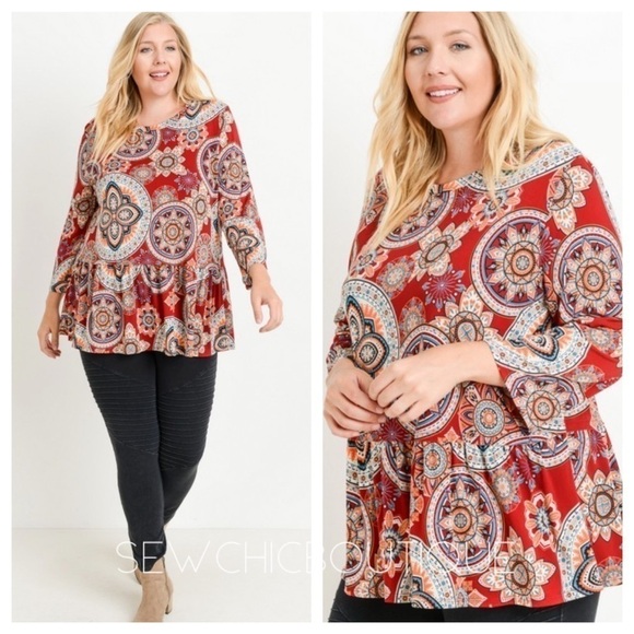 Plus Size Medallion Print Peplum Hem Top - Picture 1 of 4